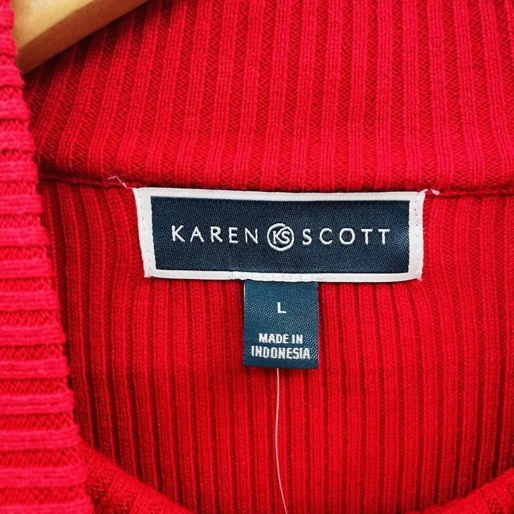Karen Scott Womens Size Large Cotton Solid Rib Mock-Neck Sweater in New Red SW1